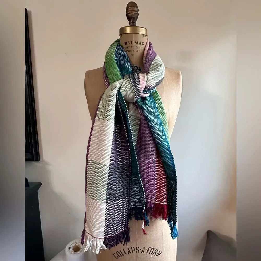 Vintage Multicolored Checked hand woven Silk blend Shawl, Scarf, wrap,